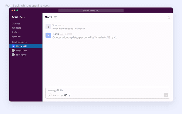 From Slack, without opening Notta